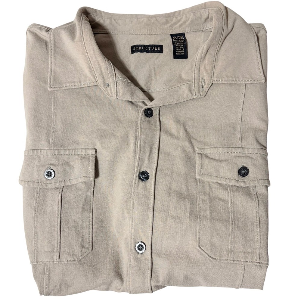 Structure Button Down Shirt XL Tan Short Sleeve‎ Cotton Stretch Utility Safari
